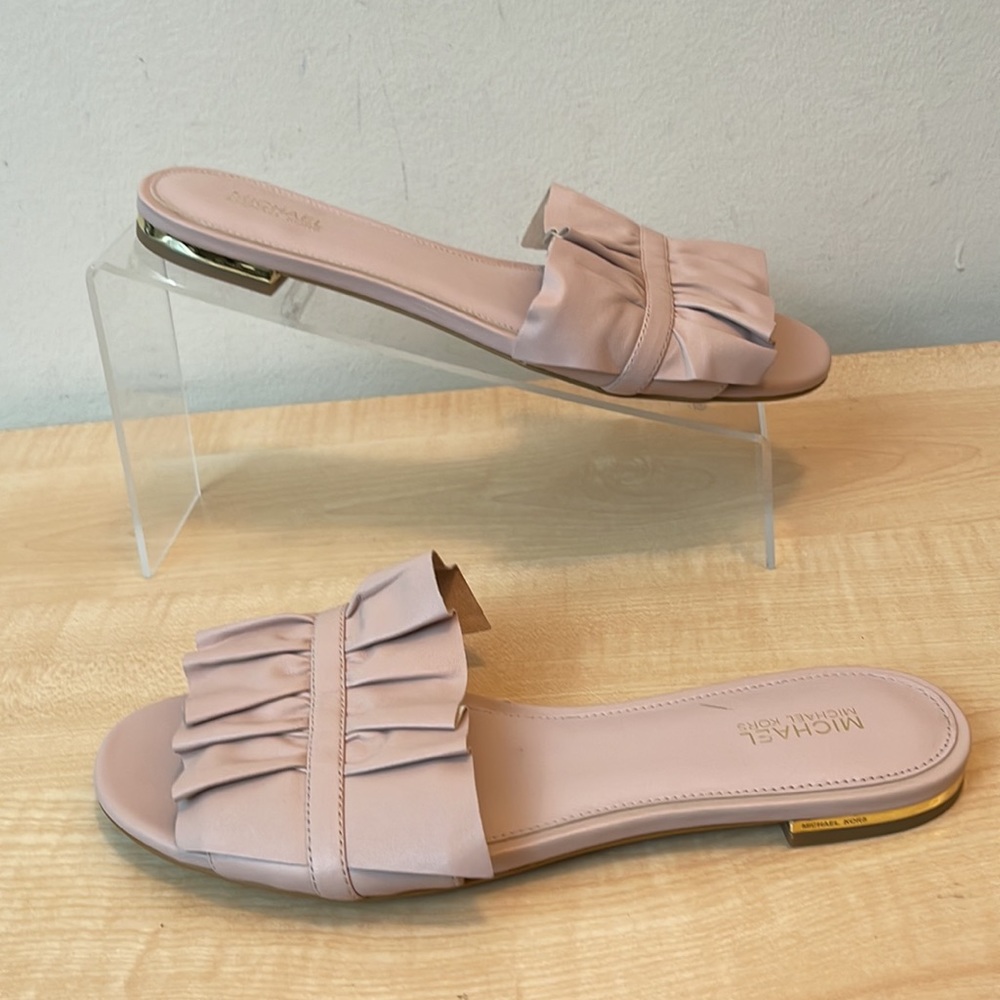 Michael Kors Bella Leather Double Ruffle Strap Gold Logo Accent Slide- 7.5 - New